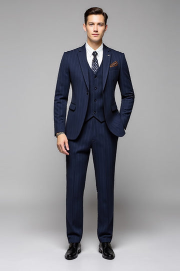 Navy Pinstripe 3 Peça Um Botão Notched Lapela Fato Homem